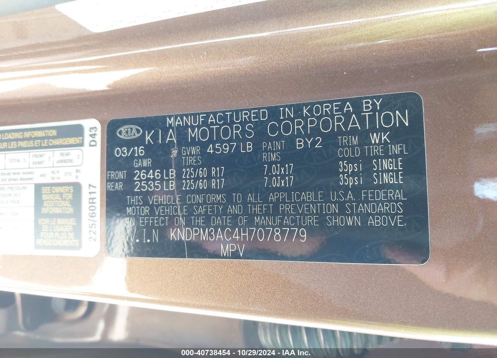 2017 KIA SPORTAGE LX VIN: KNDPM3AC4H7078779