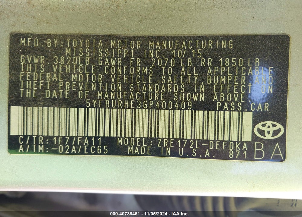2016 TOYOTA COROLLA L VIN: 5YFBURHE3GP400409