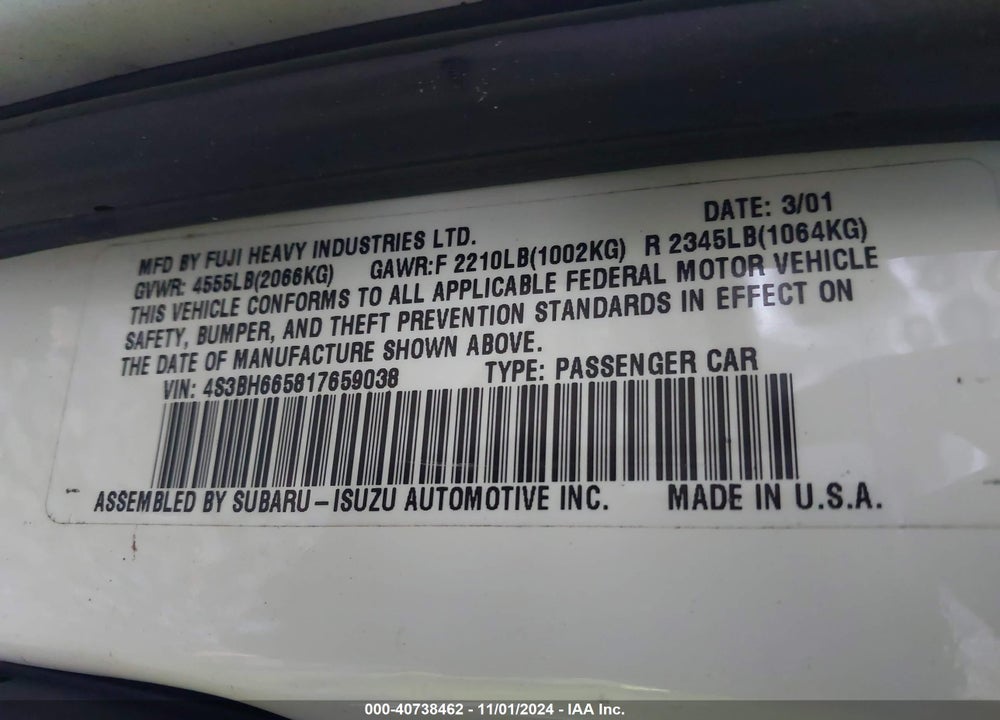 2001 SUBARU OUTBACK VIN: 4S3BH665817659038