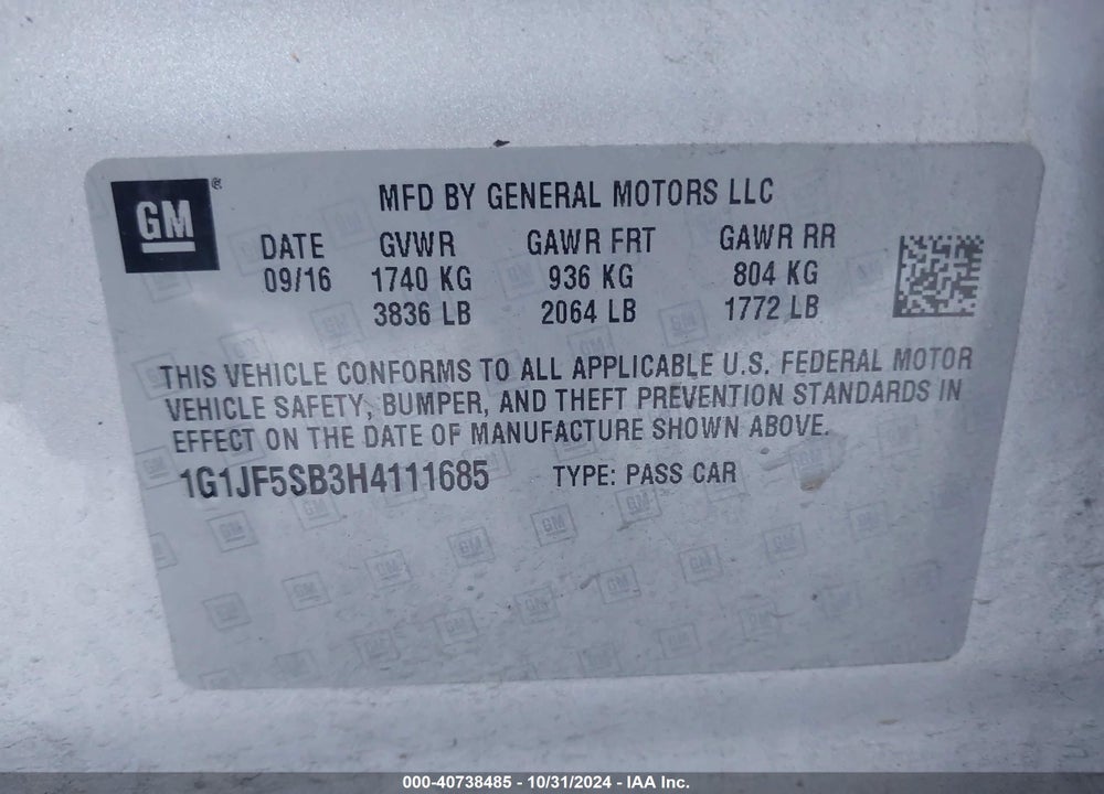 2017 CHEVROLET SONIC PREMIER AUTO VIN: 1G1JF5SB3H4111685