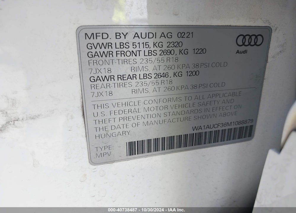 2021 AUDI Q3 PREMIUM 40 TFSI QUATTRO TIPTRONIC VIN: WA1AUCF36M1088879