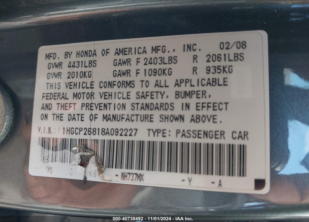 2008 HONDA ACCORD 2.4 EX-L VIN: 1HGCP26818A092227