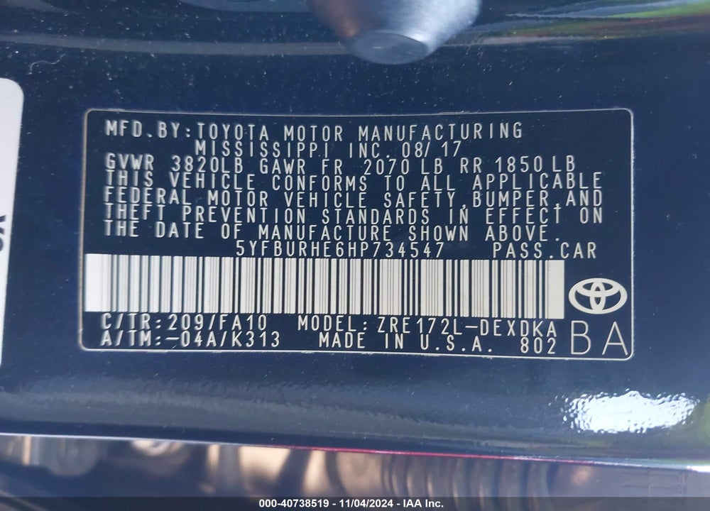 2017 TOYOTA COROLLA VIN: 5YFBURHE6HP734547