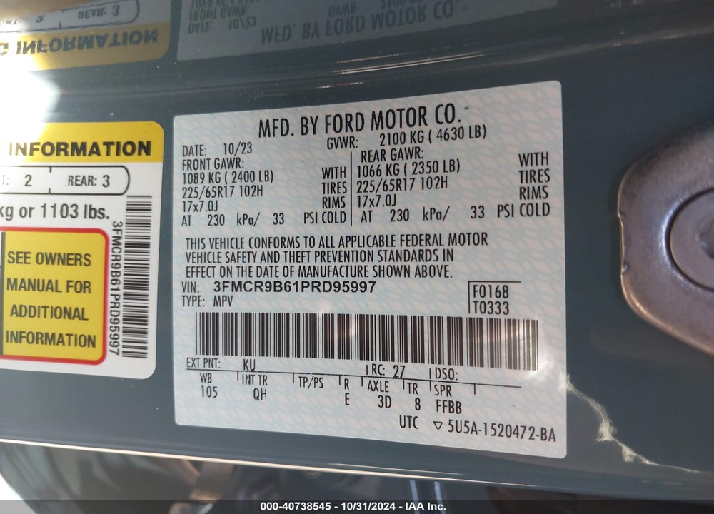 2023 FORD BRONCO SPORT BIG BEND VIN: 3FMCR9B61PRD95997