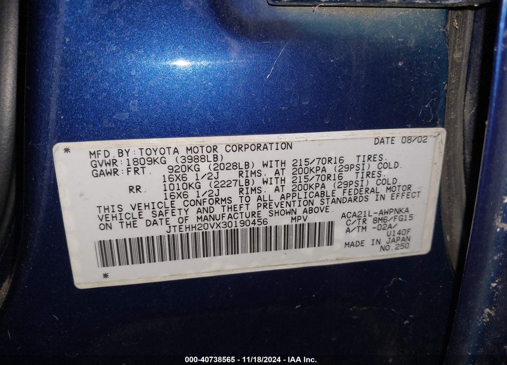 2003 TOYOTA RAV4 VIN: JTEHH20VX30190456