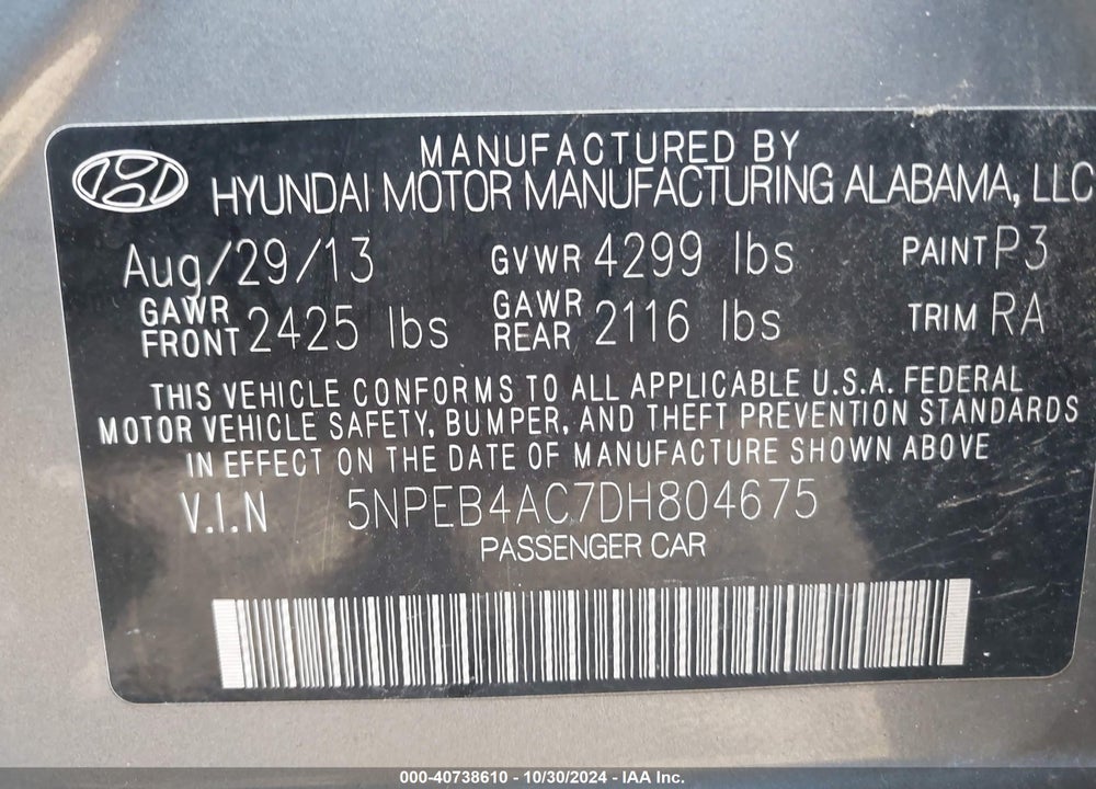 2013 HYUNDAI SONATA GLS VIN: 5NPEB4AC7DH804675