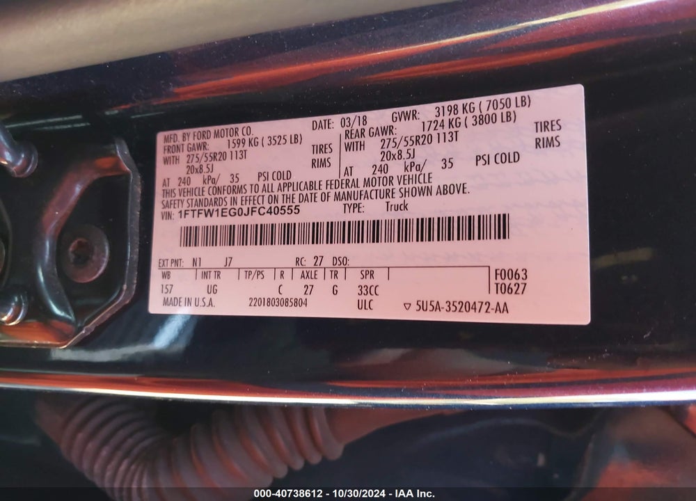 2018 FORD F-150 XLT VIN: 1FTFW1EG0JFC40555