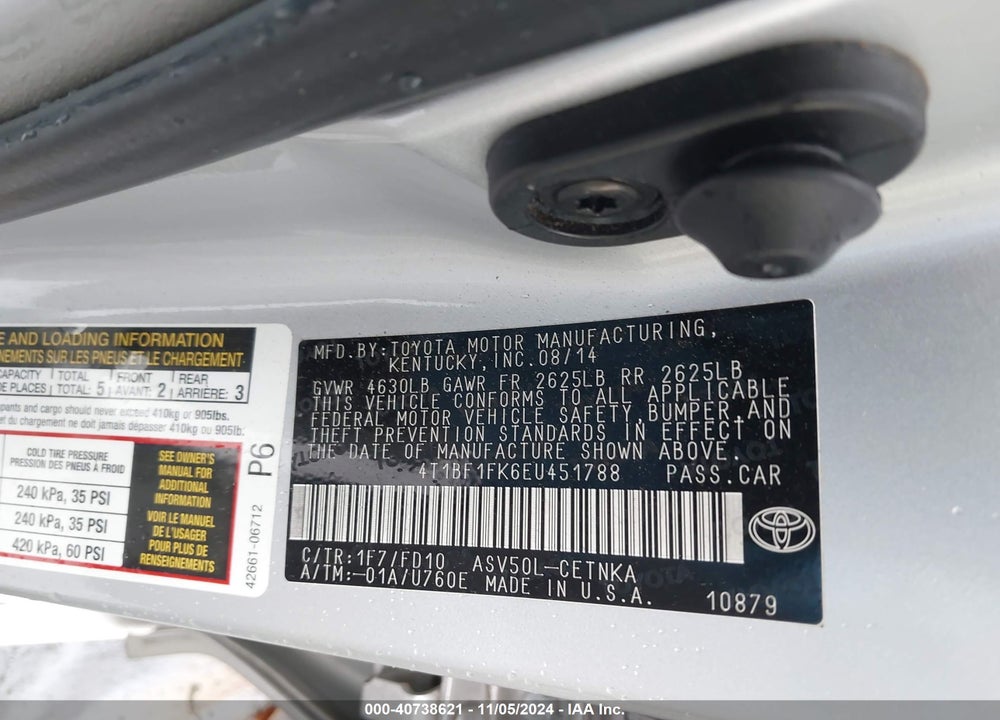2014 TOYOTA CAMRY LE VIN: 4T1BF1FK6EU451788