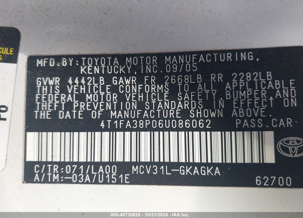 2006 TOYOTA CAMRY SOLARA SLE VIN: 4T1FA38P06U086062
