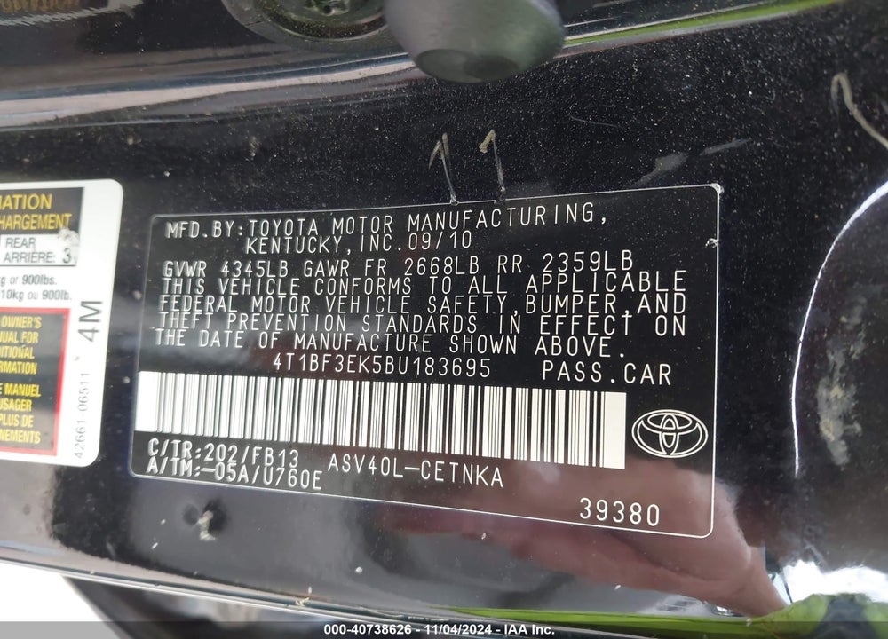 2011 TOYOTA CAMRY LE VIN: 4T1BF3EK5BU183695