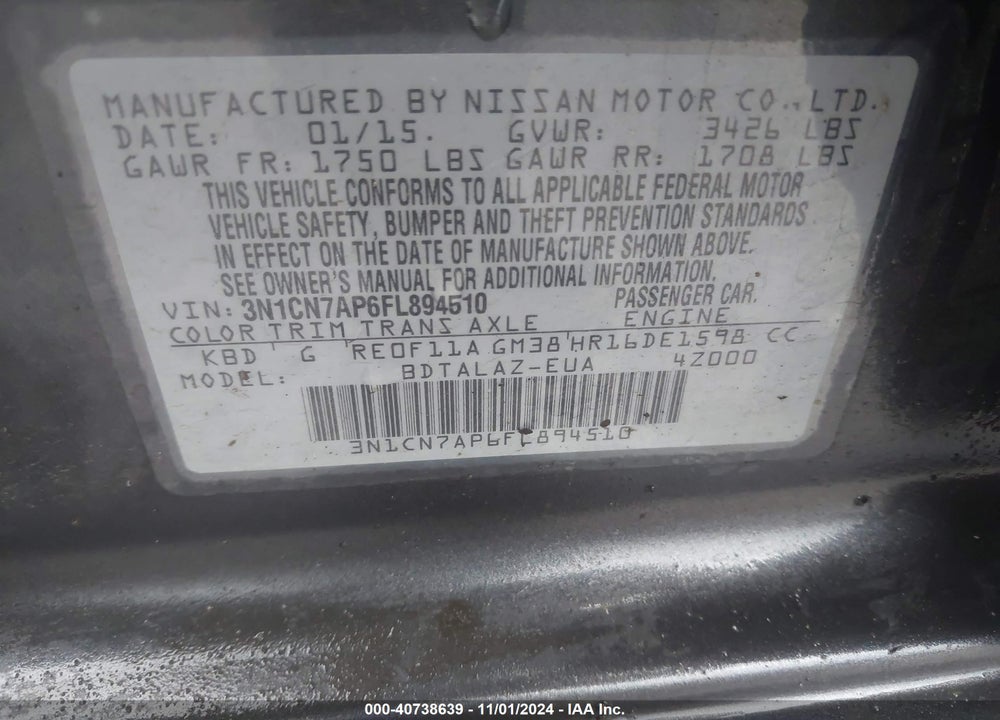 2015 NISSAN VERSA 1.6 S+ VIN: 3N1CN7AP6FL894510