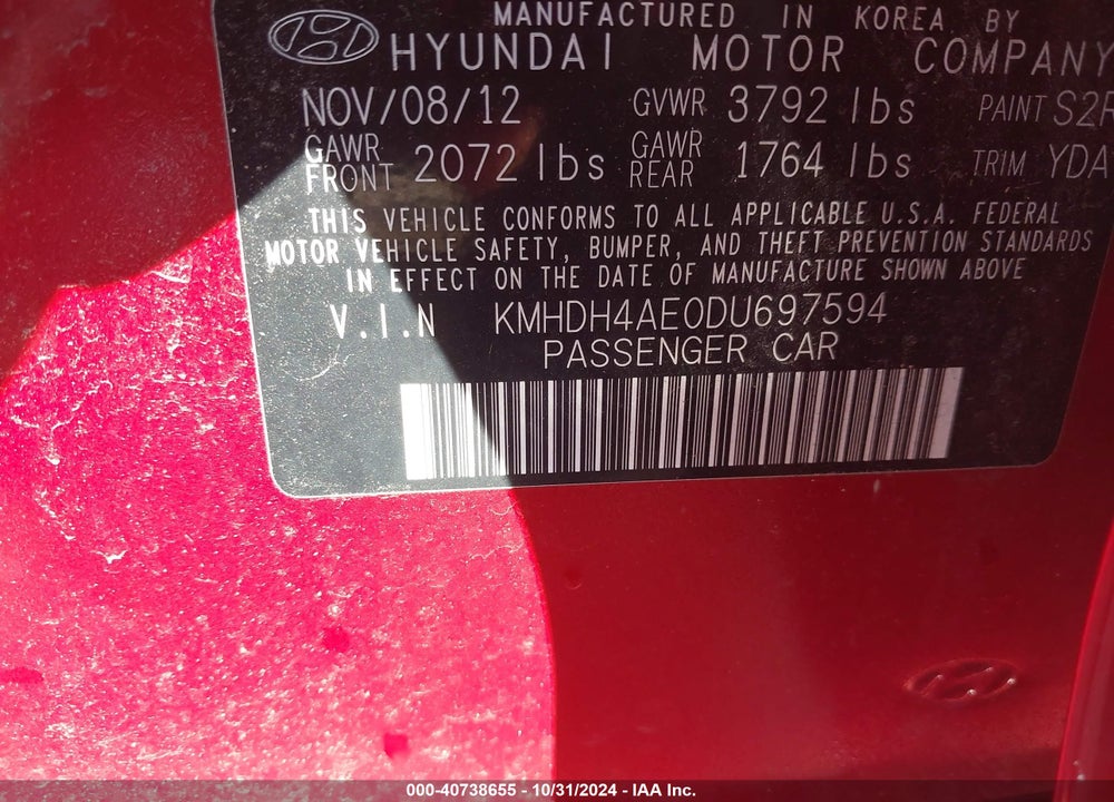 2013 HYUNDAI ELANTRA LIMITED VIN: KMHDH4AE0DU697594