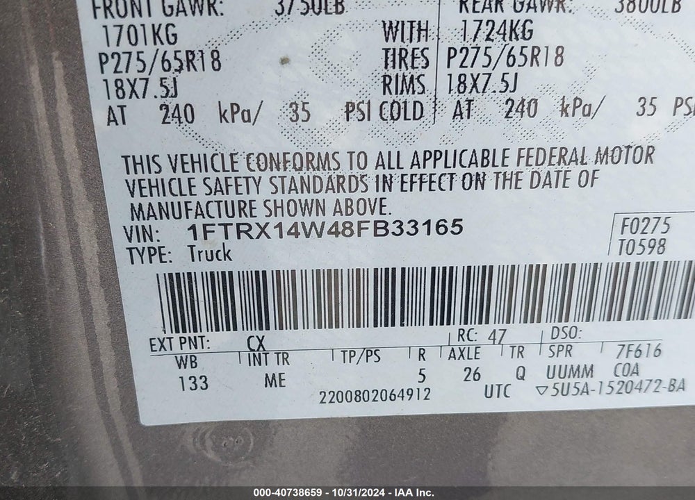 2008 FORD F-150 STX/XL/XLT VIN: 1FTRX14W48FB33165