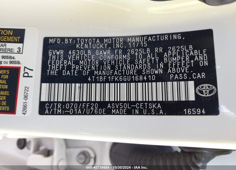 2016 TOYOTA CAMRY SE VIN: 4T1BF1FK6GU168410