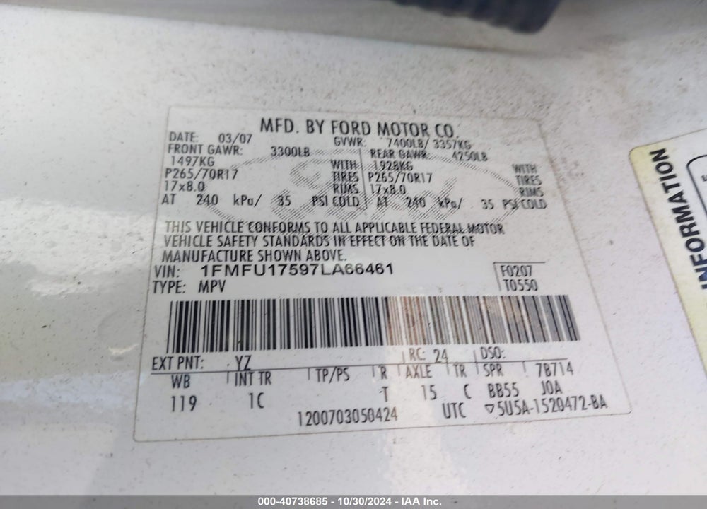 2007 FORD EXPEDITION EDDIE BAUER VIN: 1FMFU17597LA66461