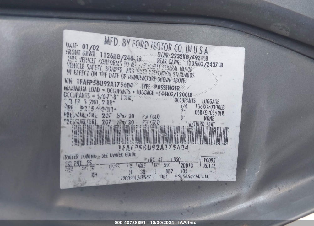 2002 FORD TAURUS SE VIN: 1FAFP58U92A175604