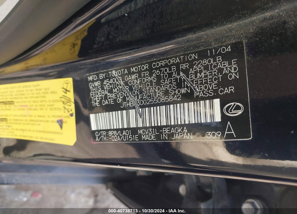 2005 LEXUS ES 330 VIN: JTHBA30G255085842