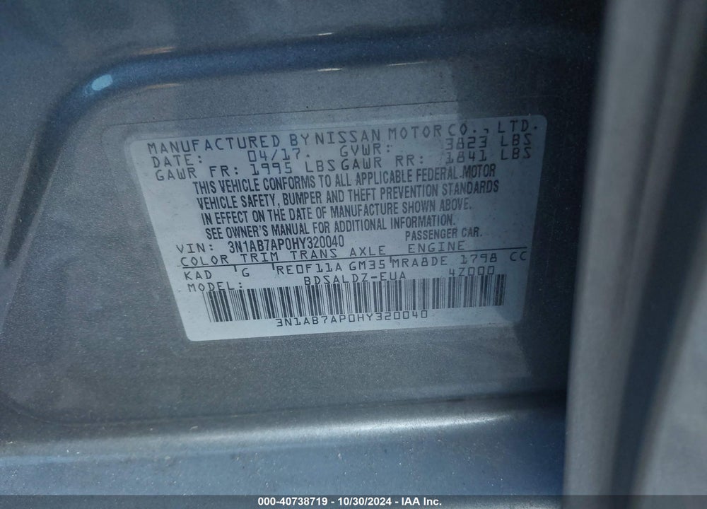 2017 NISSAN SENTRA SV VIN: 3N1AB7AP0HY320040
