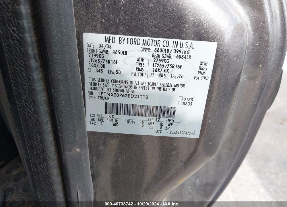 2003 FORD F-250 VIN: 1FTNX20P63ED21218