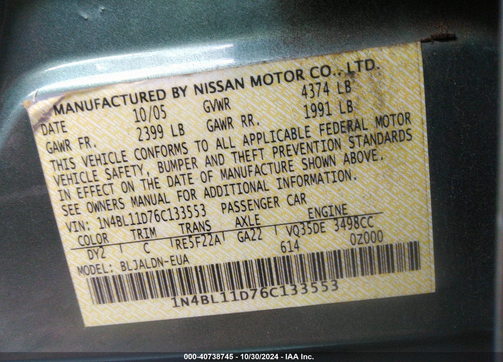 2006 NISSAN ALTIMA 3.5 SL VIN: 1N4BL11D76C133553