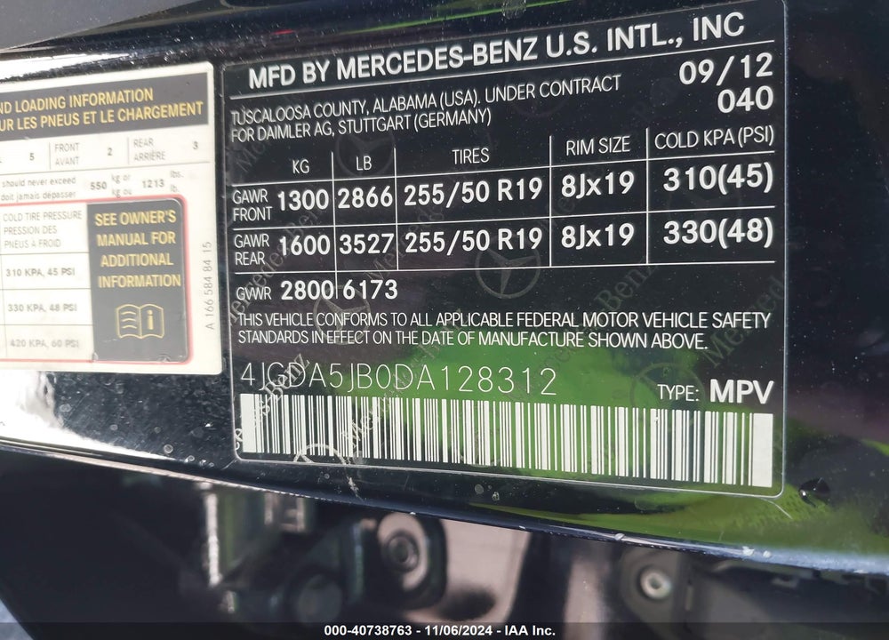 2013 MERCEDES-BENZ ML 350 VIN: 4JGDA5JB0DA128312