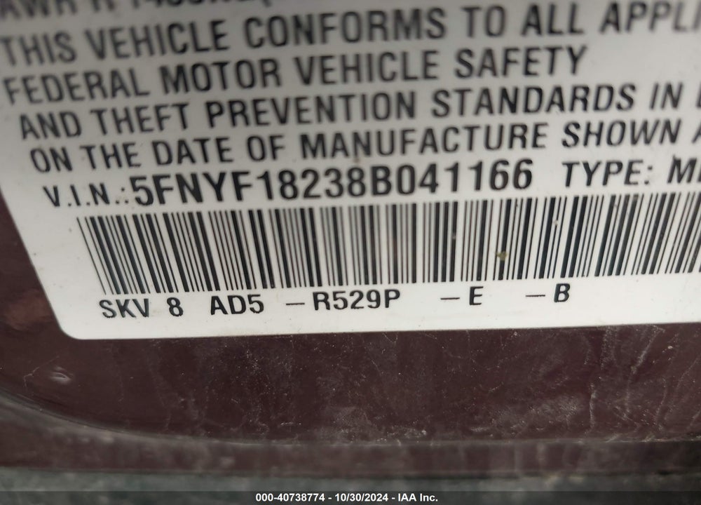 2008 HONDA PILOT VP VIN: 5FNYF18238B041166
