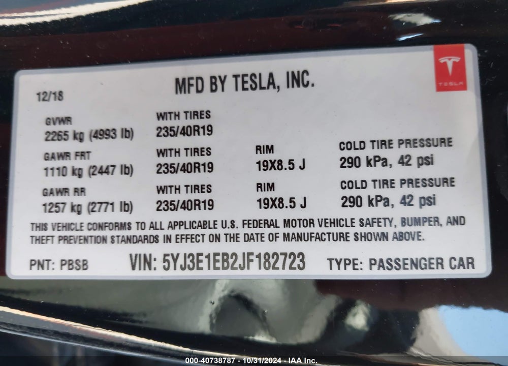 2018 TESLA MODEL 3 LONG RANGE/PERFORMANCE VIN: 5YJ3E1EB2JF182723