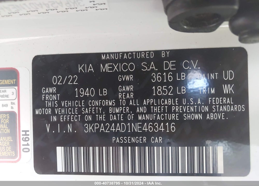 2022 KIA RIO LX VIN: 3KPA24AD1NE463416