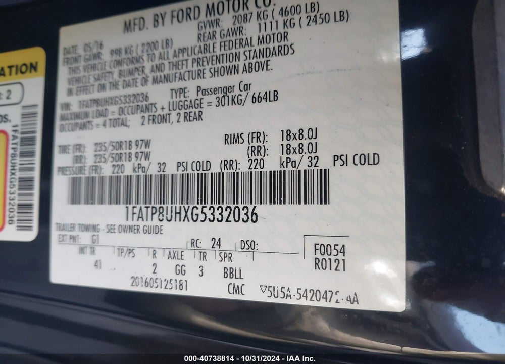 2016 FORD MUSTANG ECOBOOST PREMIUM VIN: 1FATP8UHXG5332036