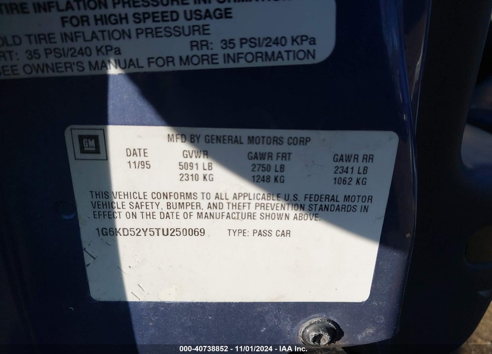 1996 CADILLAC DEVILLE VIN: 1G6KD52Y5TU250069