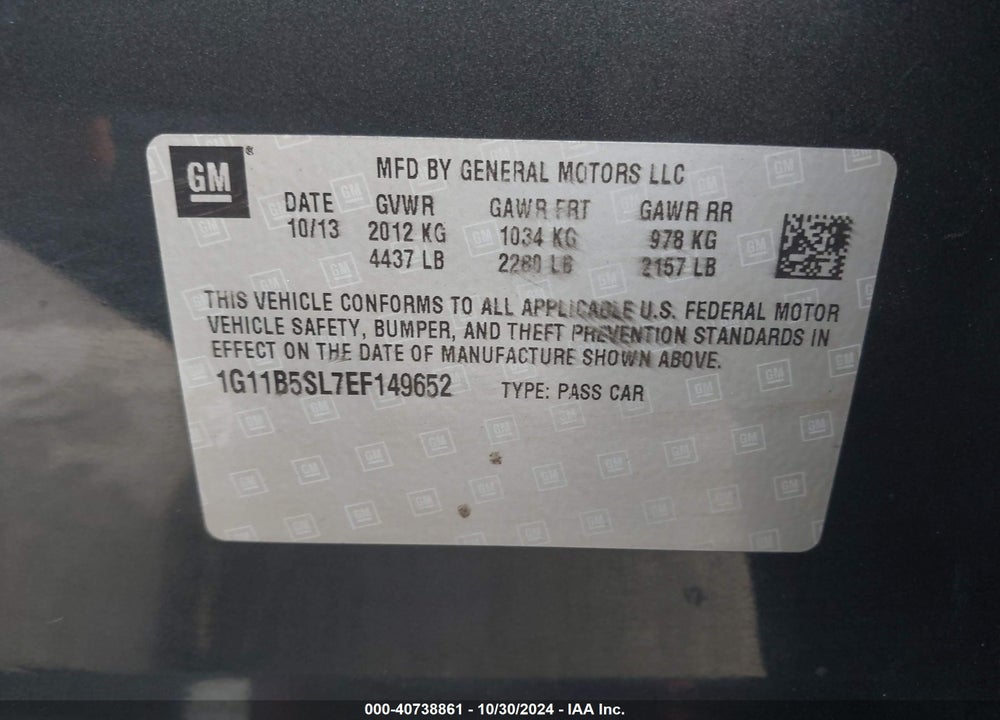 2014 CHEVROLET MALIBU 1LS VIN: 1G11B5SL7EF149652