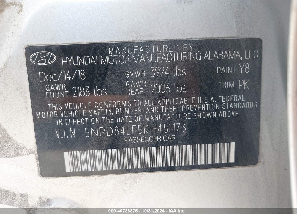 2019 HYUNDAI ELANTRA SEL VIN: 5NPD84LF5KH451173