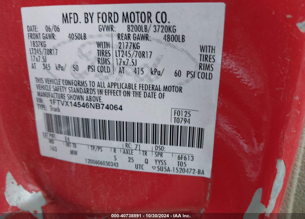 2006 FORD F-150 FX4/LARIAT/XL/XLT VIN: 1FTVX14546NB74064