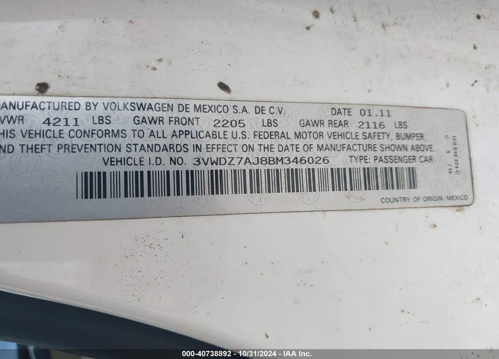 2011 VOLKSWAGEN JETTA 2.5L SE VIN: 3VWDZ7AJ8BM346026