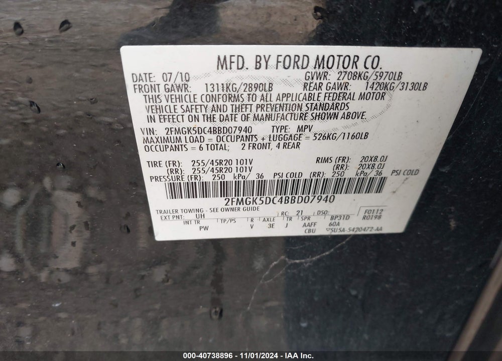 2011 FORD FLEX LIMITED VIN: 2FMGK5DC4BBD07940
