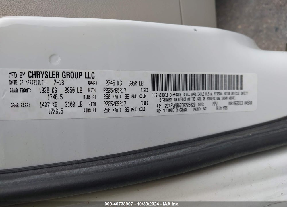 2013 VOLKSWAGEN ROUTAN SE VIN: 2C4RVABG7DR725020