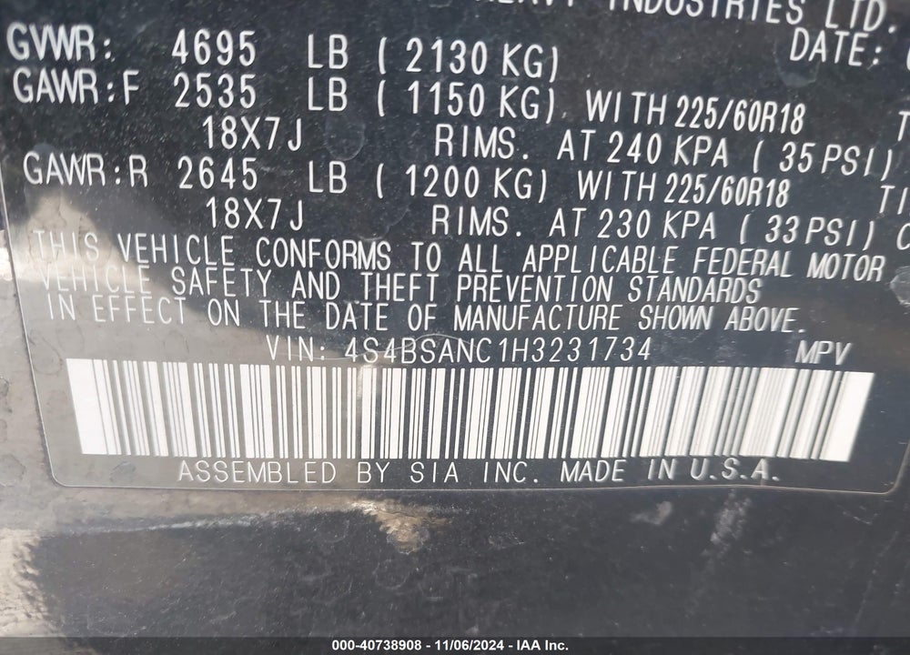 2017 SUBARU OUTBACK 2.5I LIMITED VIN: 4S4BSANC1H3231734