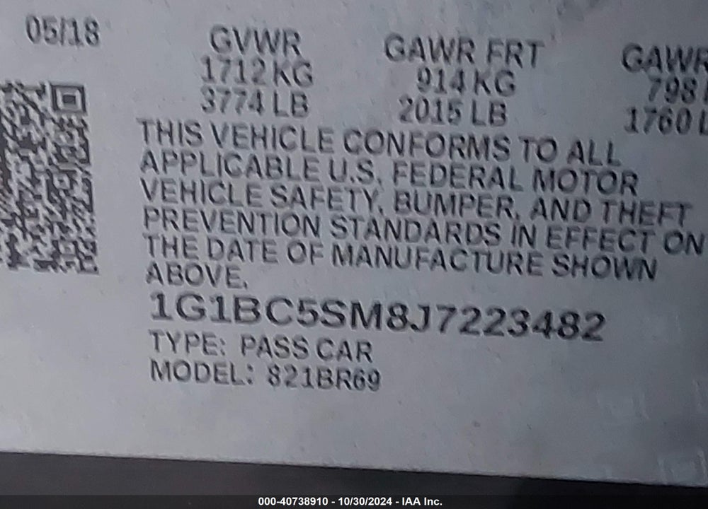 2018 CHEVROLET CRUZE LS AUTO VIN: 1G1BC5SM8J7223482