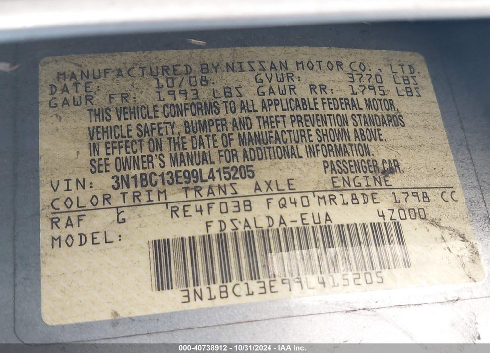 2009 NISSAN VERSA 1.8S VIN: 3N1BC13E99L415205