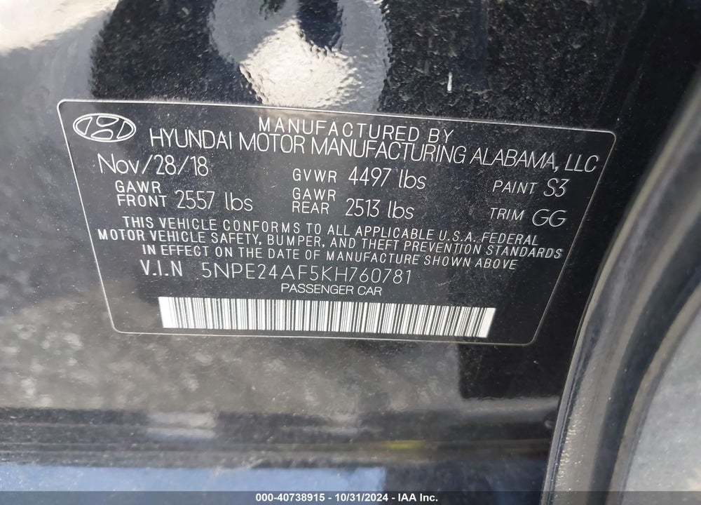 2019 HYUNDAI SONATA VIN: 5NPE24AF5KH760781