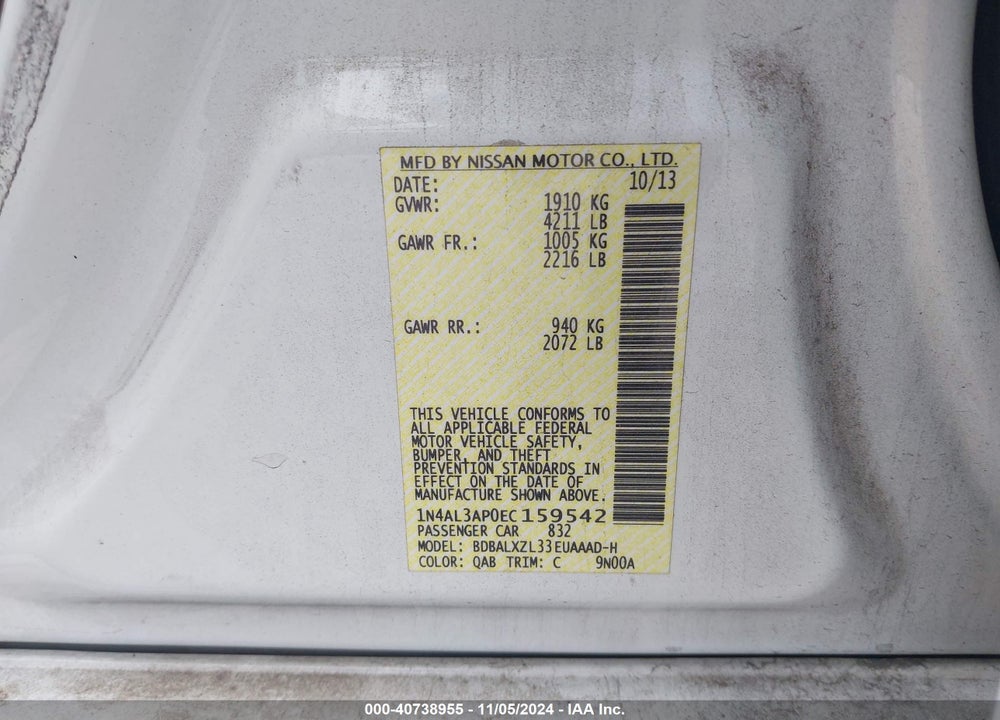 2014 NISSAN ALTIMA 2.5 SL VIN: 1N4AL3AP0EC159542