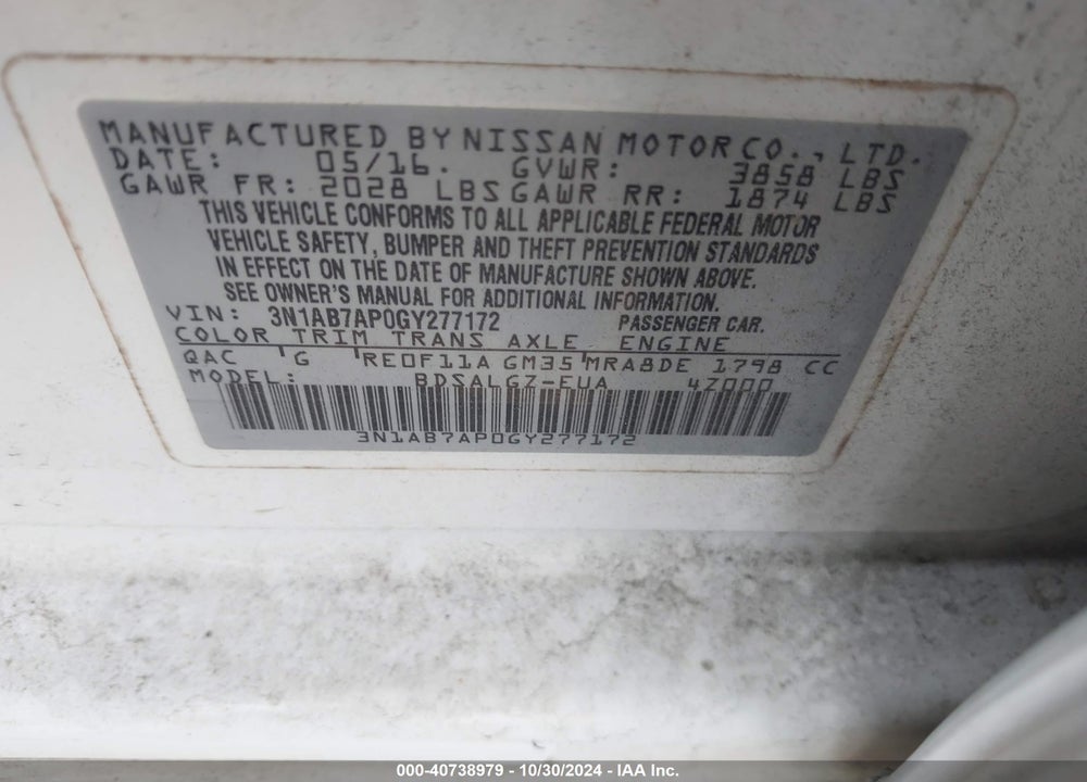 2016 NISSAN SENTRA SL VIN: 3N1AB7AP0GY277172