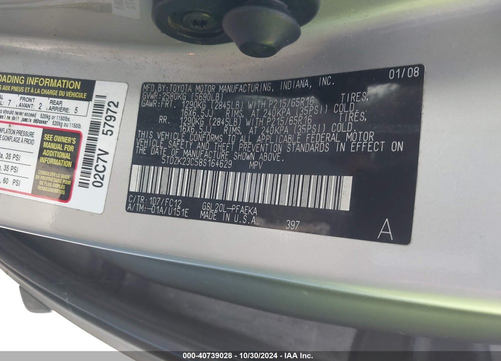 2008 TOYOTA SIENNA LE VIN: 5TDZK23C58S164629