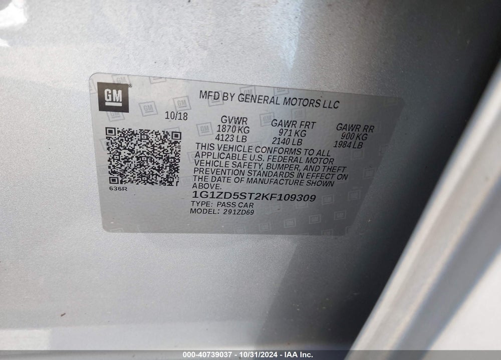 2019 CHEVROLET MALIBU LT VIN: 1G1ZD5ST2KF109309