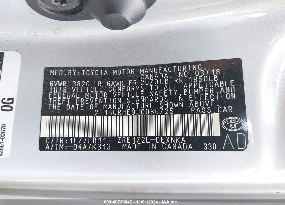 2018 TOYOTA COROLLA LE VIN: 2T1BURHE9JC086725