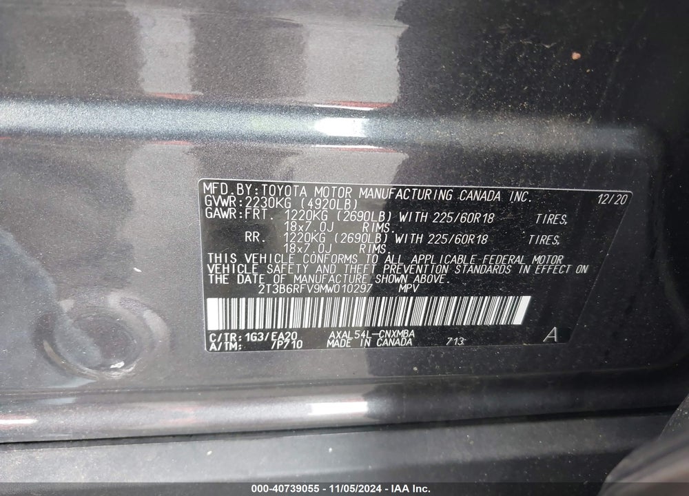 2021 TOYOTA RAV4 HYBRID XLE PREMIUM VIN: 2T3B6RFV9MW010297