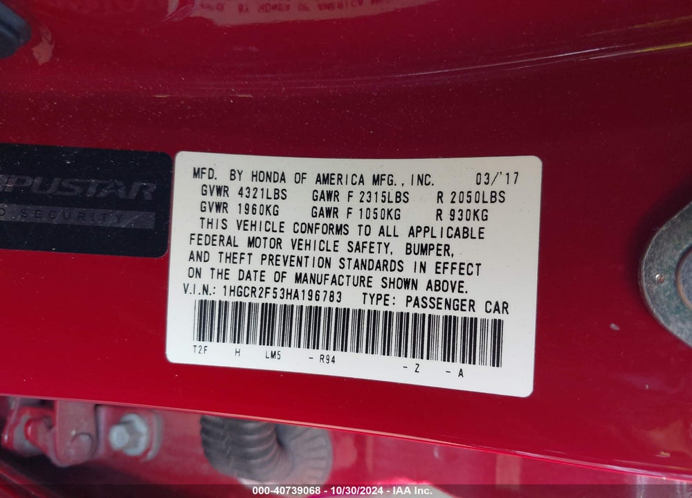 2017 HONDA ACCORD SPORT VIN: 1HGCR2F53HA196783