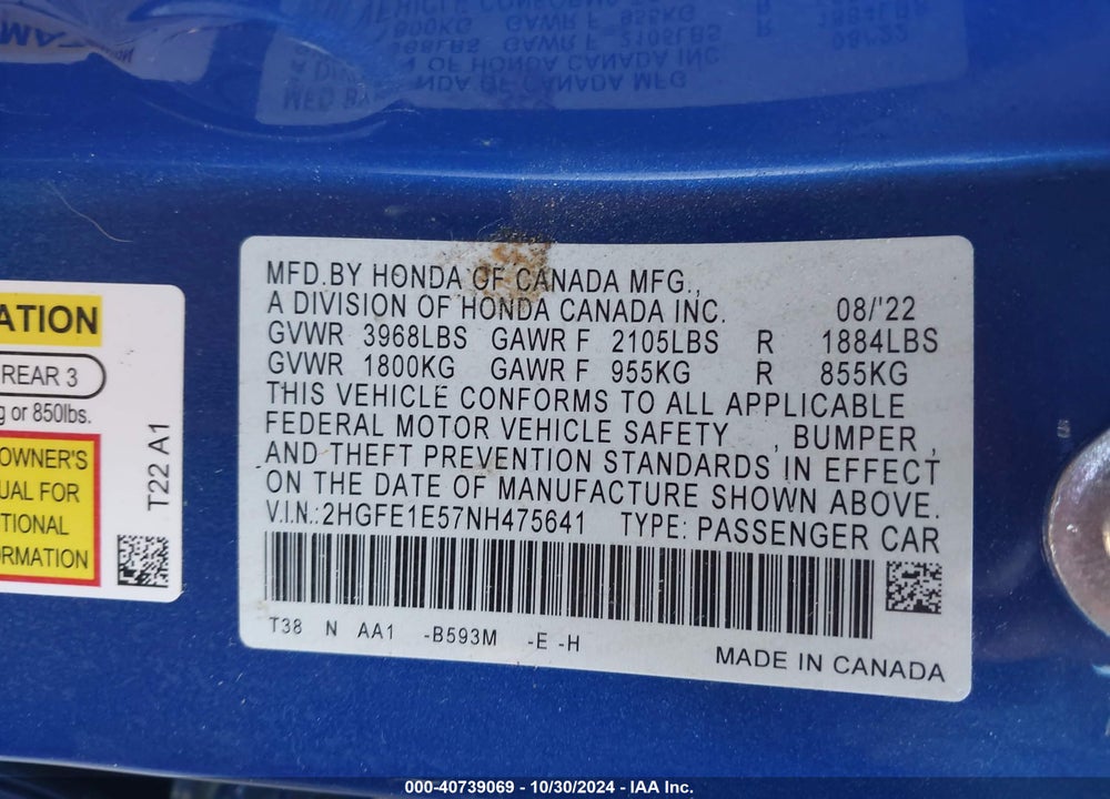 2022 HONDA CIVIC SI VIN: 2HGFE1E57NH475641