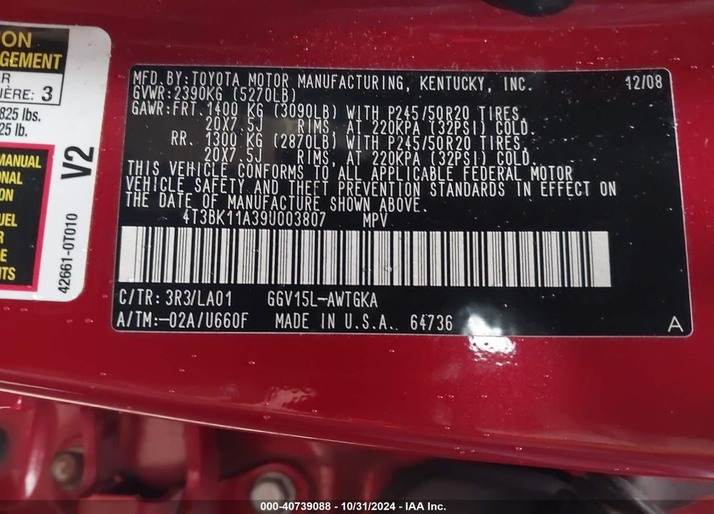 2009 TOYOTA VENZA BASE V6 VIN: 4T3BK11A39U003807