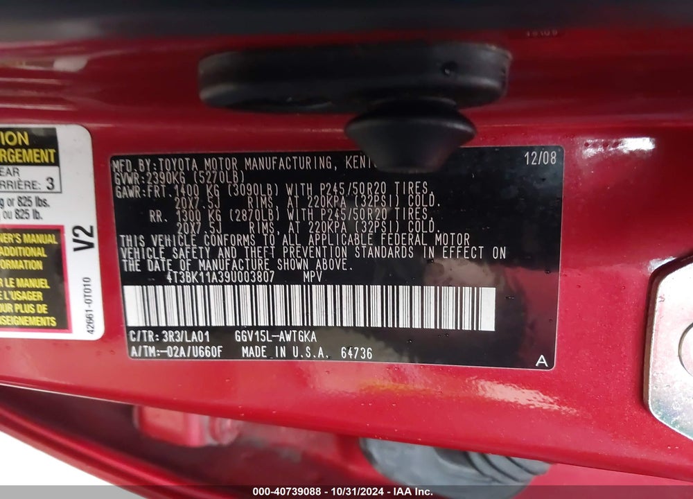 2009 TOYOTA VENZA BASE V6 VIN: 4T3BK11A39U003807